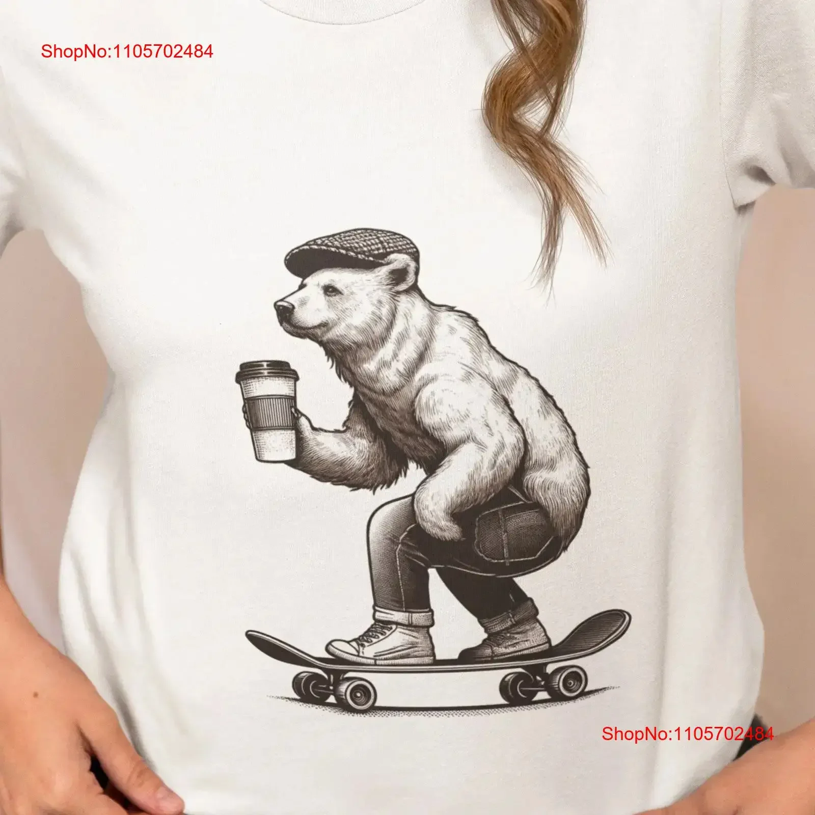 Skateboarding Bear with Coffee Cup T Shirt Street Style Hipster Animal Skater Cool Urban Lover vintage Washed Breathable Casual
