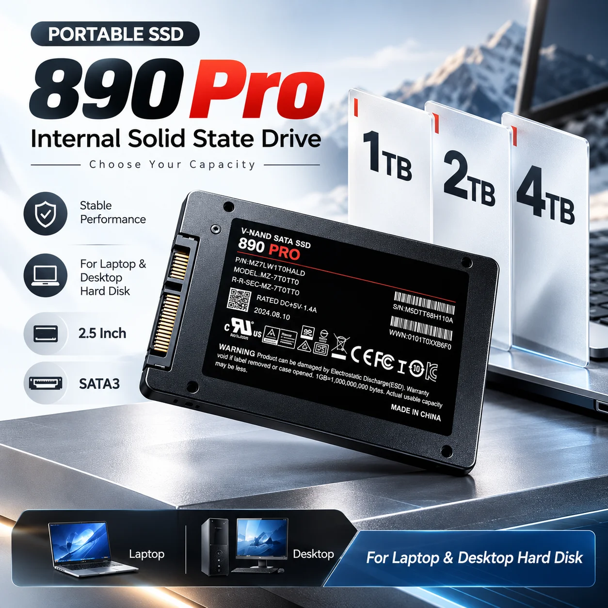 New 890 PRO Internal Solid State Drive SATA3 SSD 1TB 2TB 4TB 2.5 Inch Hard Disk Solid State Drive for Laptop Desktop
