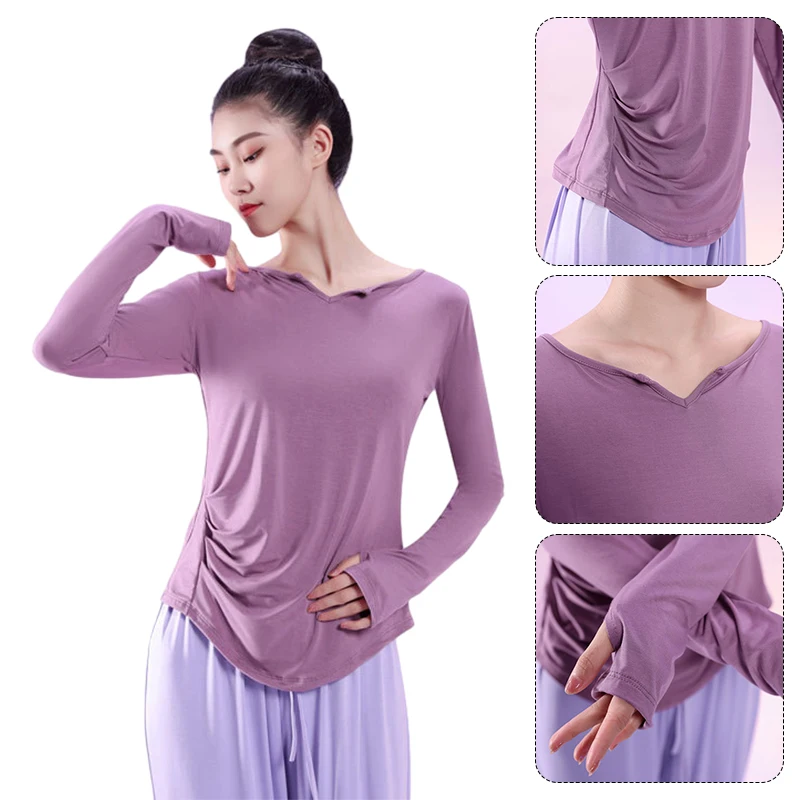 

Эластичная танцевальная футболка с длинными рукавами, женская спортивная футболка из модала для йоги, базовый однотонный тренировочный топ с v-образным вырезом, одежда для современных танцев