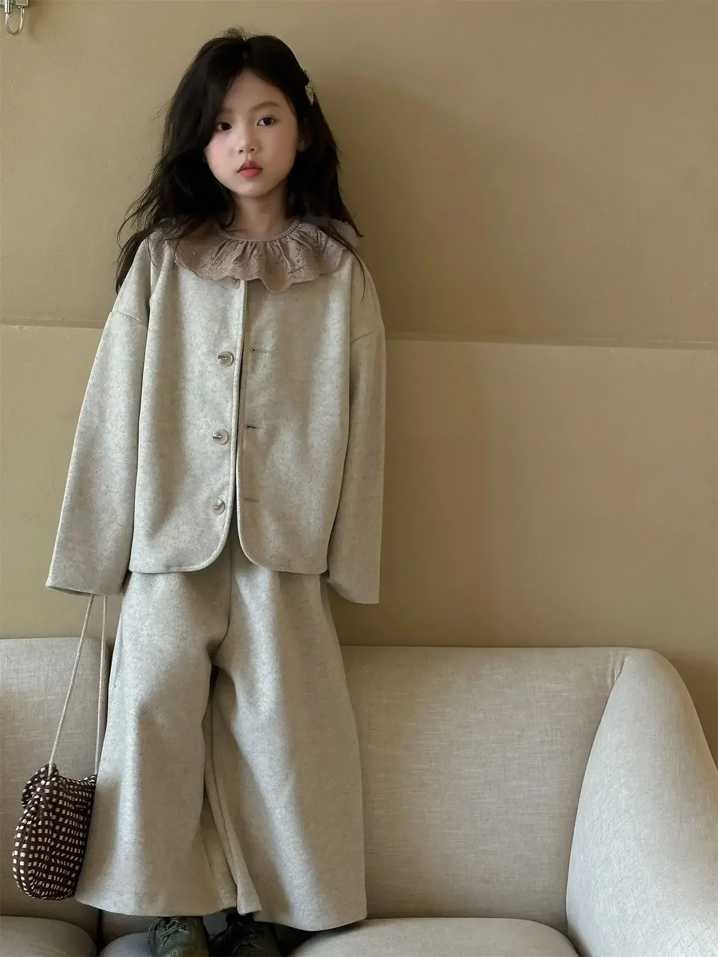 Childrens Sets Girl Korean Childrens Clothing Woolen Suit 2024 New Product Two Piece Set Autumn Winter Collar Loose