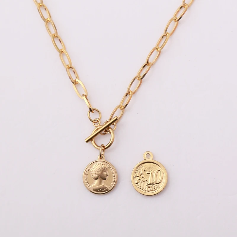 Vintage Carved Coin Necklace For Women Stainless Steel Gold Color Elizabet Coin Penny Pendant Necklace Long Choker Jewelry