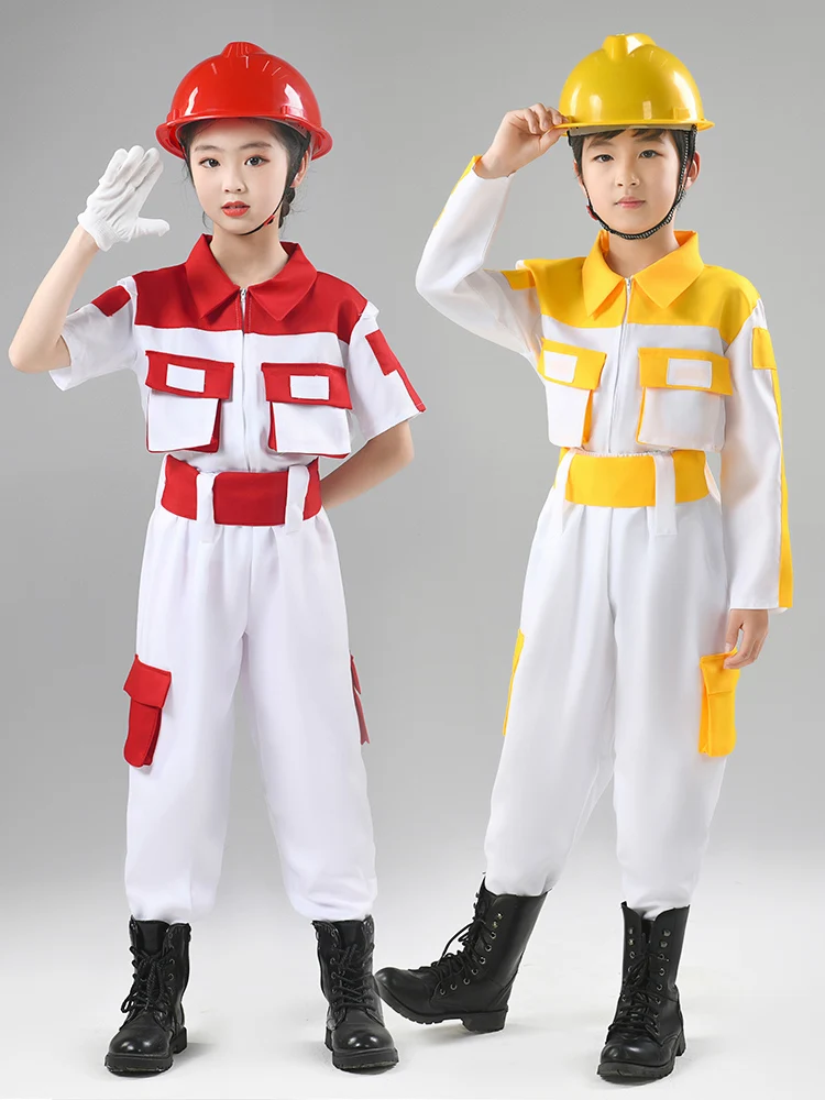 Firefighter Costumes Kids Cute Engineer Construction Worker Rescue Cosplay Dress Up Costume For Performance Halloween Costume