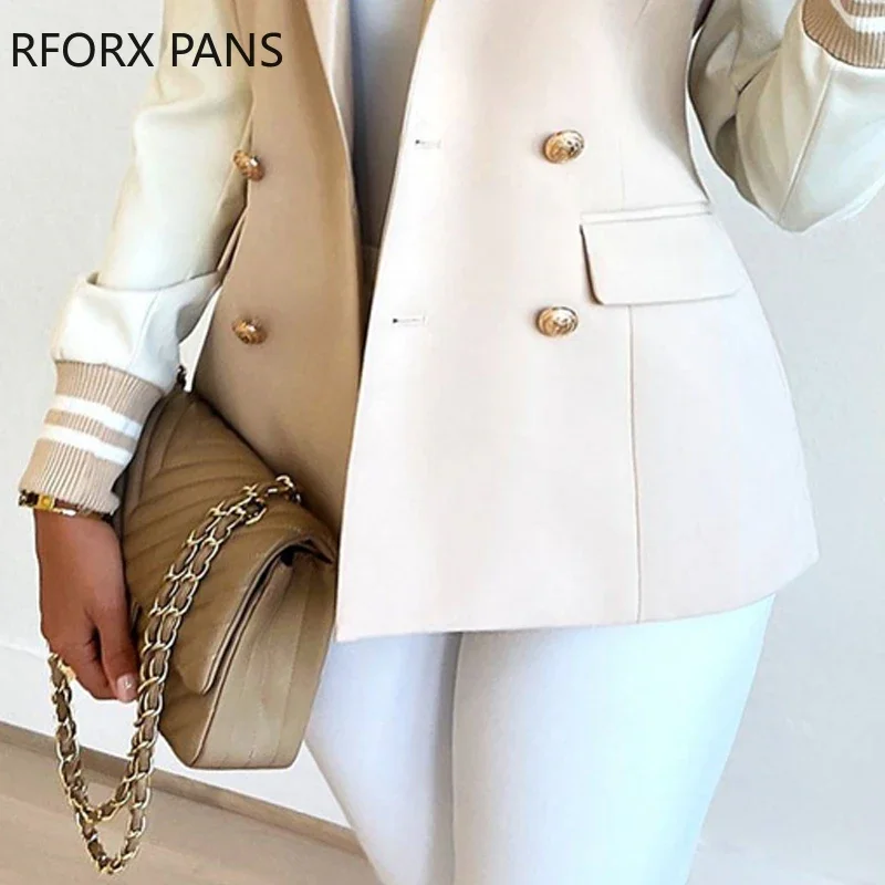 Women Elegant Solid Patchwork Turn Down Color Double Breased Long Sleeves Blazer Jacket