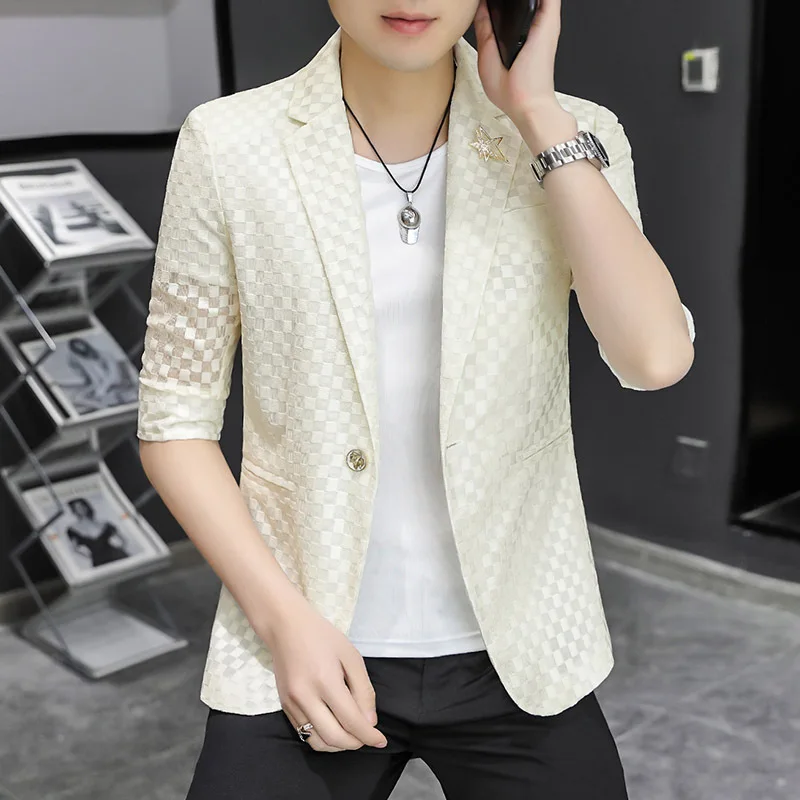 

HOO 2024 Men's Summer New Handsome Plaid Jacquard Half Sleeve blazer Youth Hollow Sun Protection Casual Thin blazer