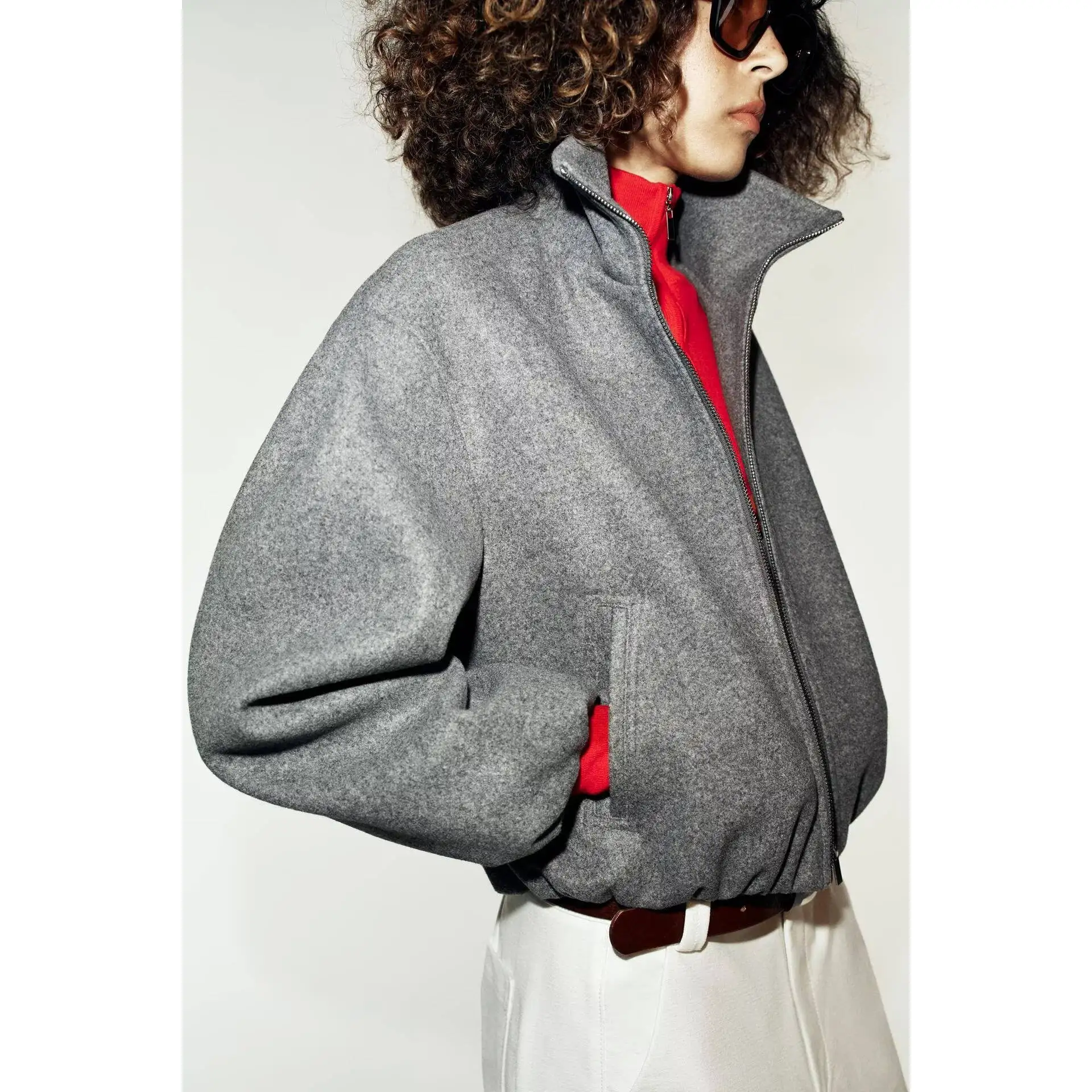 Fashionable Early Autumn Pilot Jacket Women's Short Outerwear Stand Collar Zipper Closure Polyester Fiber Slim Fit Style