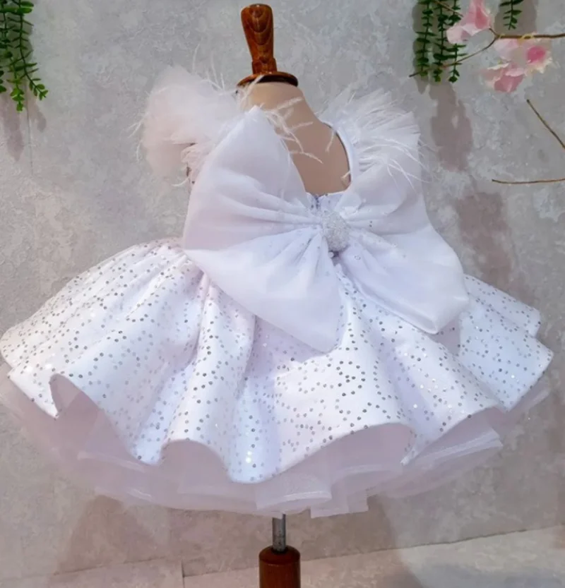 

Glitter White Flower Girl Dress Big Bow Sequined Ball Gown Tutu Outfit Little Princess Toddler First Birthday Party Dress