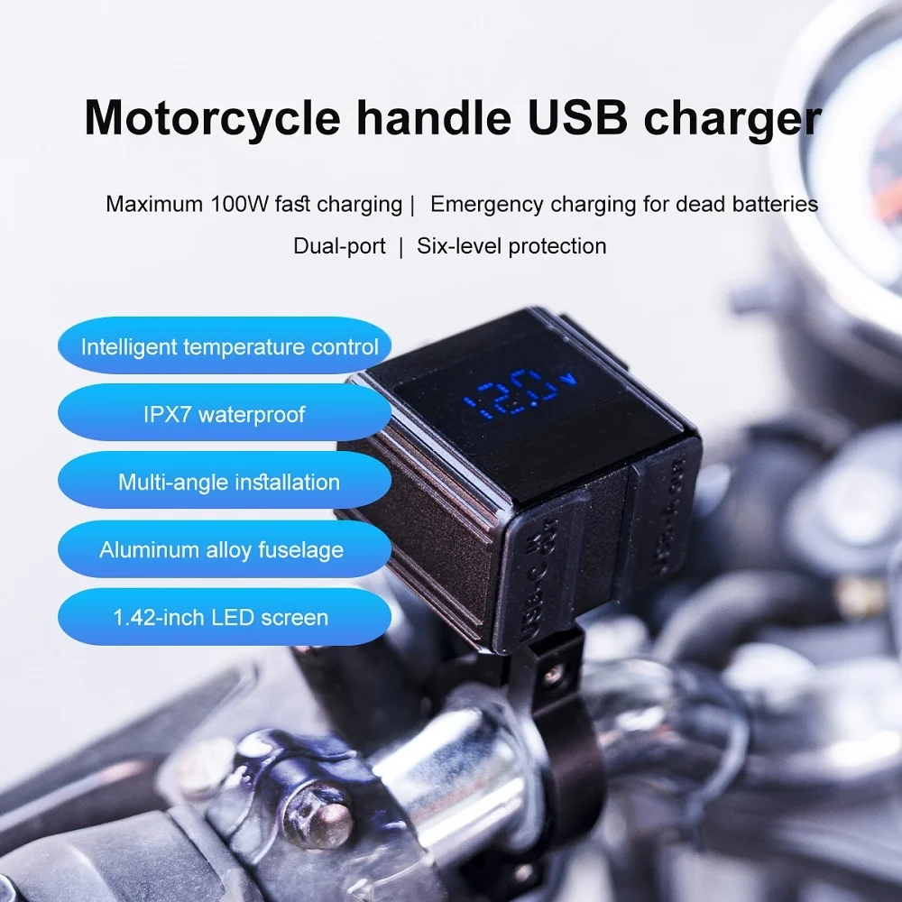100W Motorcycle USB Charger, PD USB-C & QC3.0 USB-A Fast Charging, Bidirectional 12V Battery Charger with LED Voltmeter, Waterproof Handlebar Mount