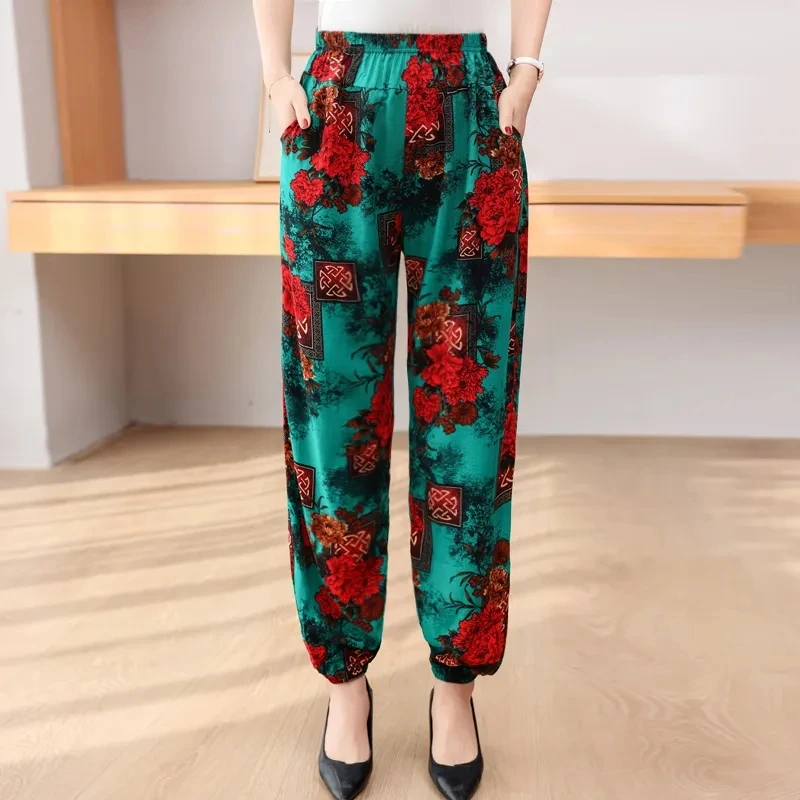 Elegant Mother Spring Summer Thin Pants Fashion Printing Cotton Silk Casual Female Harem Pants Elastic High Waist Women Pantalon