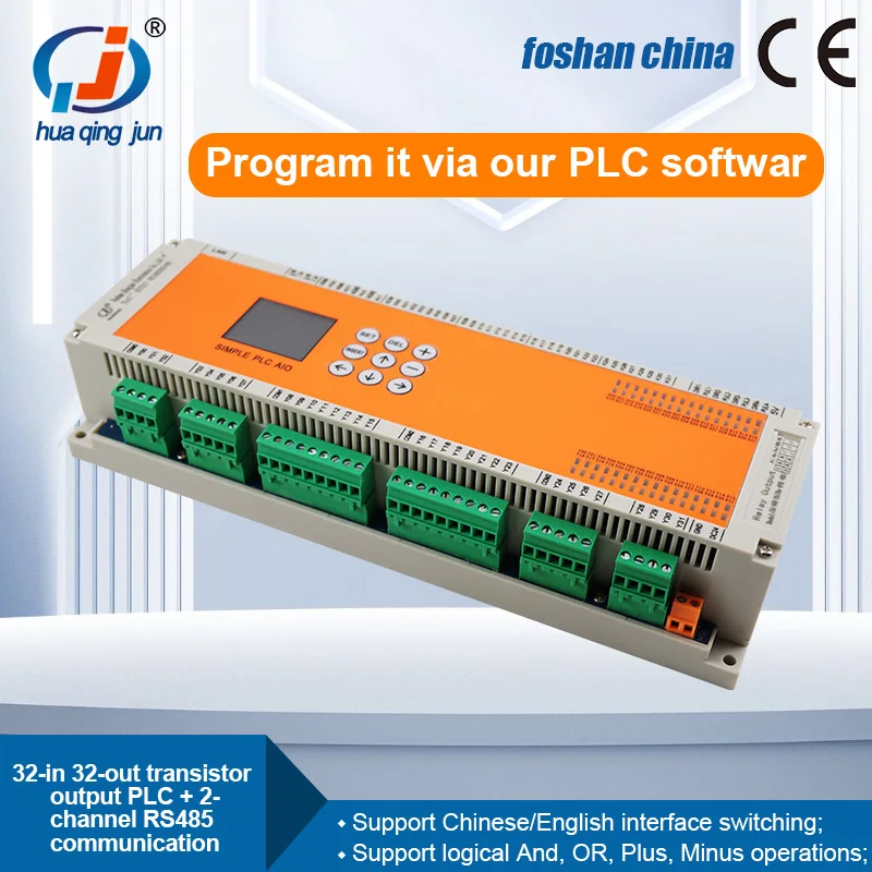 

Foshan Huaqingjun 32-in 32-out Transistor Output PLC RS485 Modbus QJ-64T-485 PLC Controller for Packaging Machine