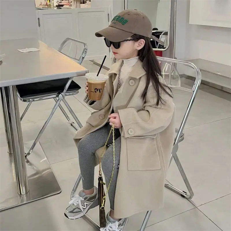 Korean Girls\' Woolen Coat Super Cute Casual Windbreaker 2023 Autumn/Winter New Baby Loose Khaki Coat