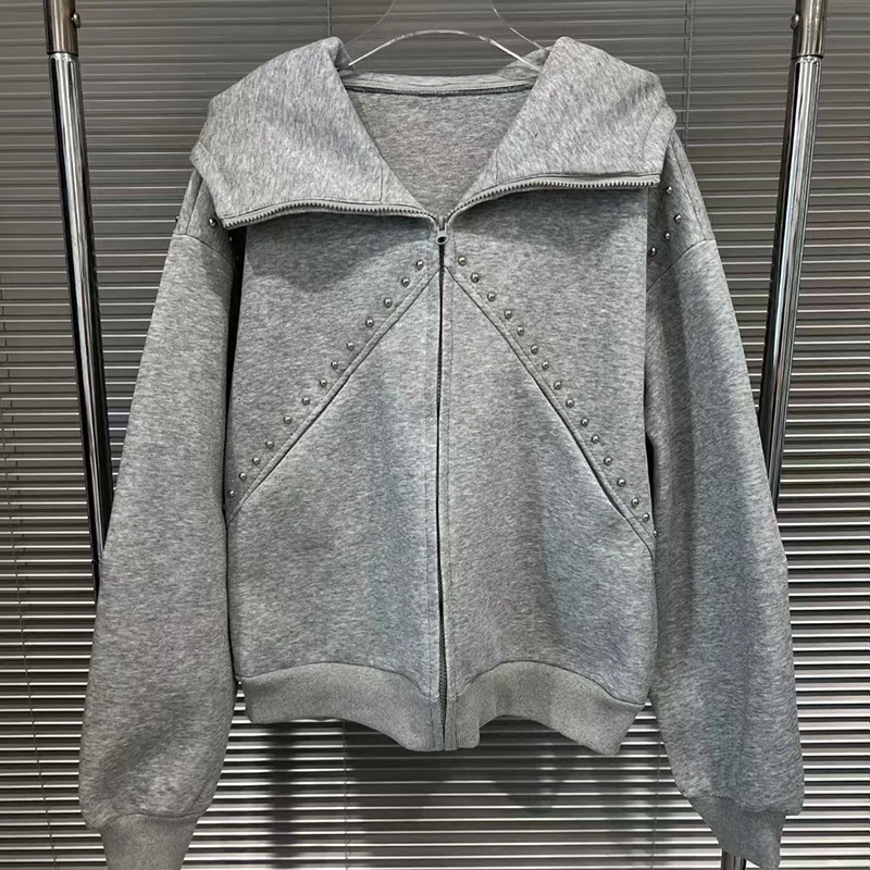 KBQ Solid Spliced Pearl Loose Causal Coats for Women Hooded Long Sleeve Patchwork Zipper Design Sense Chic Set Female Fashion