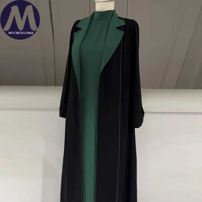 معطف نسائي طويل أنيق للخريف والشتاء، طية صدر السترة غير رسمية عصرية بلونين، ملابس خارجية دافئة فضفاضة