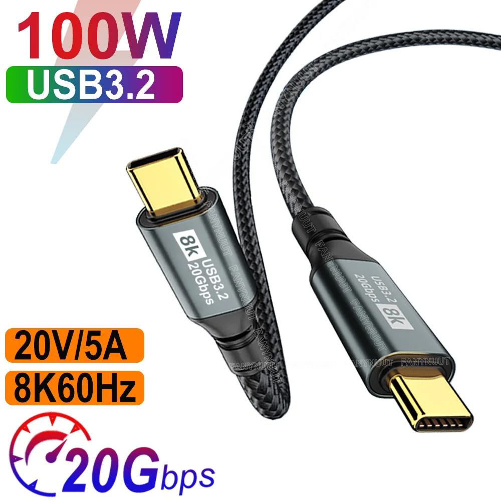 USB3.2 Gen2 20Gbps USB C to Type C Cable 8K@60Hz Video PD100W 5A Fast Charging Cord For iPhone 15 Pro Max Macbook Samsung Huawei