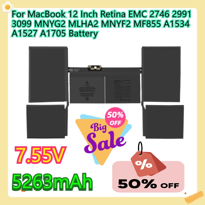 

Для MacBook 12-дюймовый Retina EMC 2746 2991 3099 MNYG2 MLHA2 MNYF2 MF855 A1534 A1527 A1705 аккумулятор