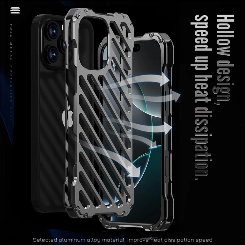 

Aluminium Alloy Metal Phone Case for iPhone 12 13 14 15 16 Pro Max Plus Heat Dissipation Ventilate Shockproof Armor Lens Cover