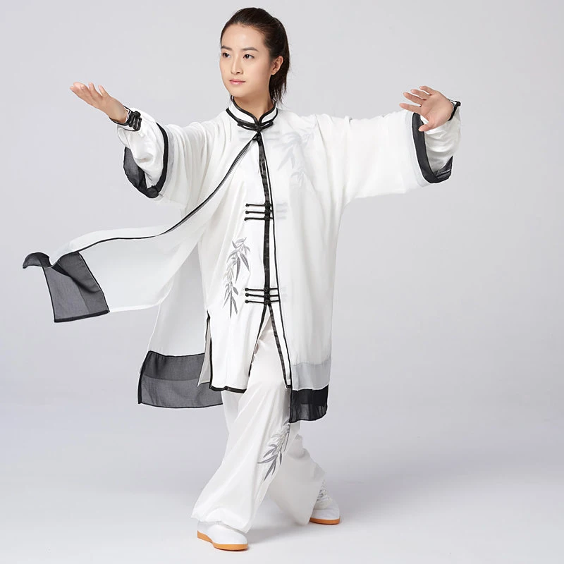 Women's Unisex Tai Chi Suit 3-Piece Set Silver Bamboo Embroidery Shawl Collar 3-Row Elongated Buttons Performance Competition We