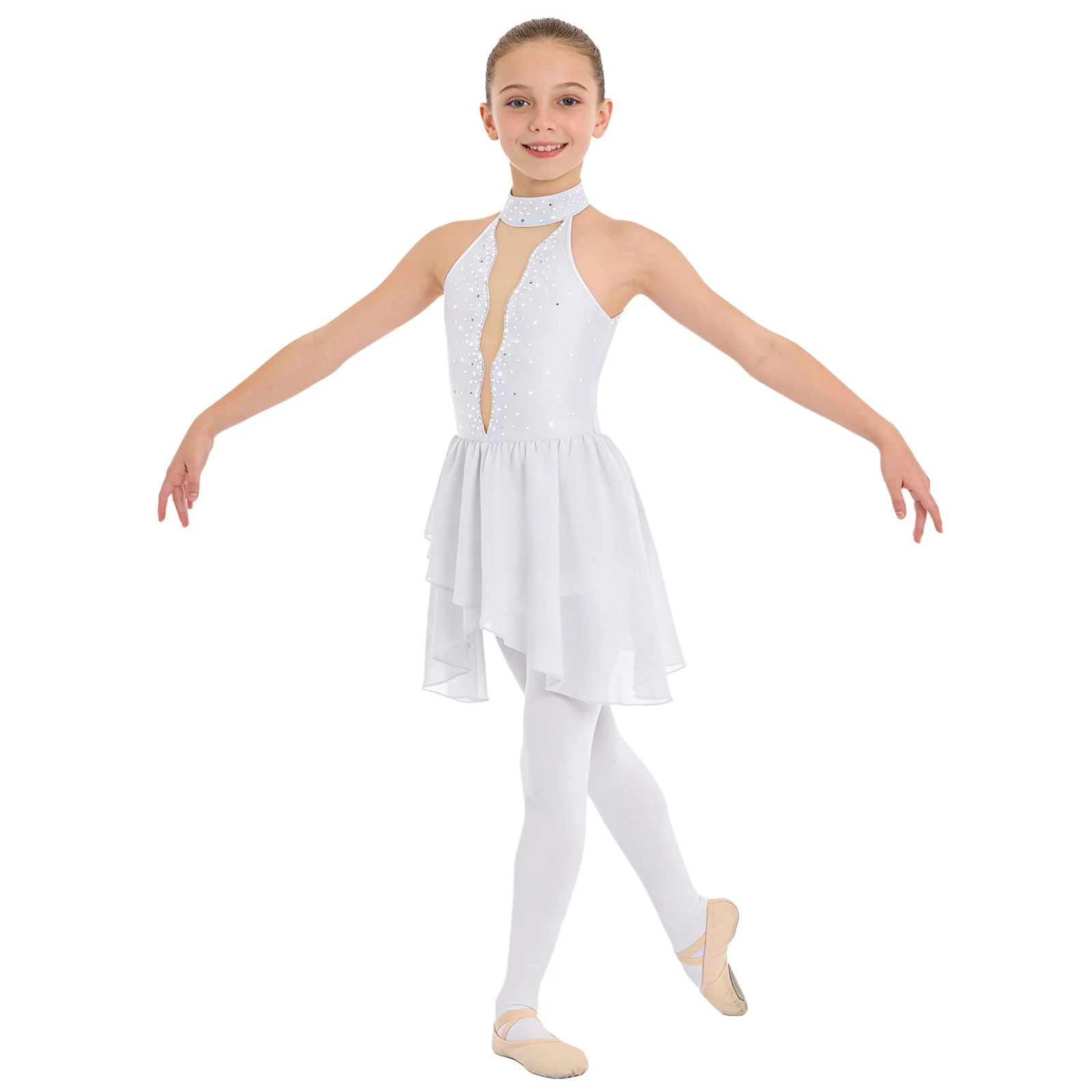 

Kids Girls Lyrical Dance Dress Sleeveless Sheer Mesh Rhinestone Hollow Back Ballet Tutu Gymnastics Dress Figure Skating Costumes