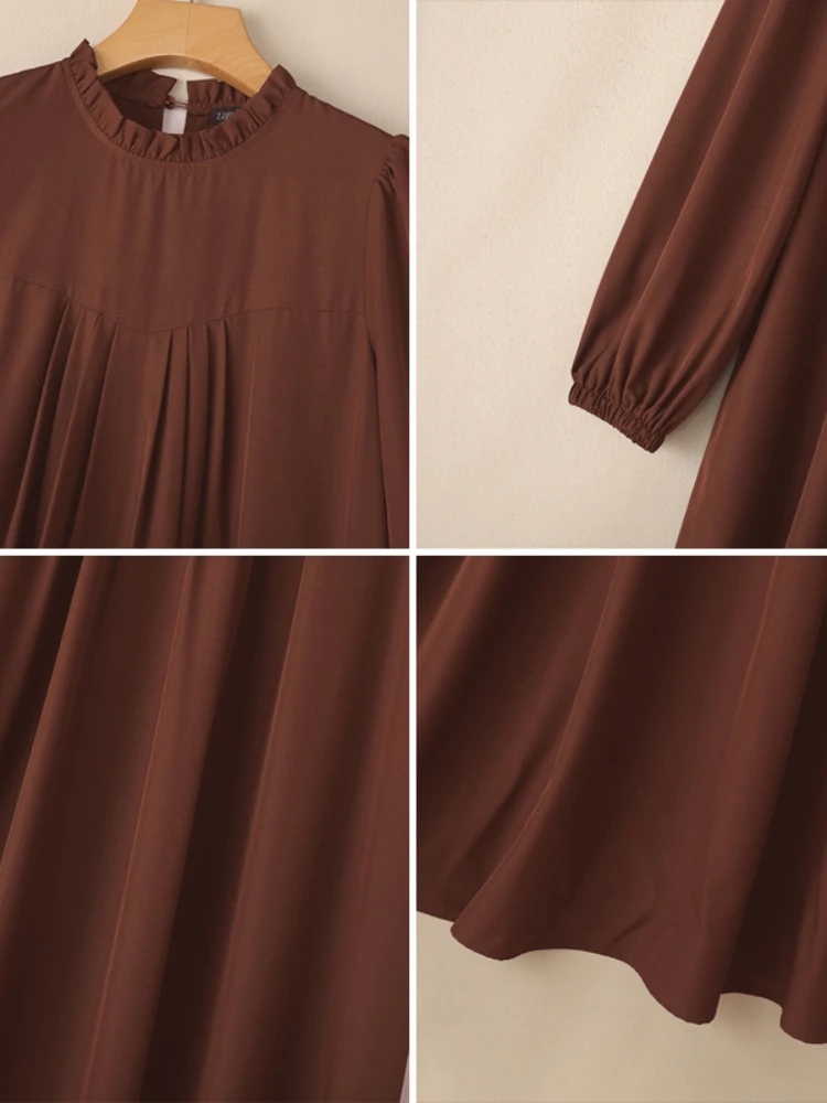 ZANZEA Frauen Modest Maxi Kleider Casual Oansatz Lange Ärmel Einfarbig Lose Versammelt Lange Kleider Muslimischen Hijabs Frau Kleidung