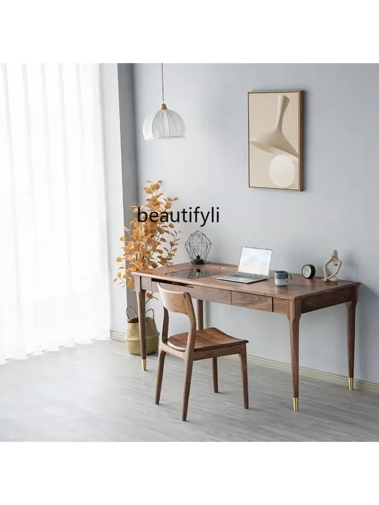 Nordic Black Walnut Wood Computer Desk Cherrywood 3 Drawer Office Table Surface Desk with Glass