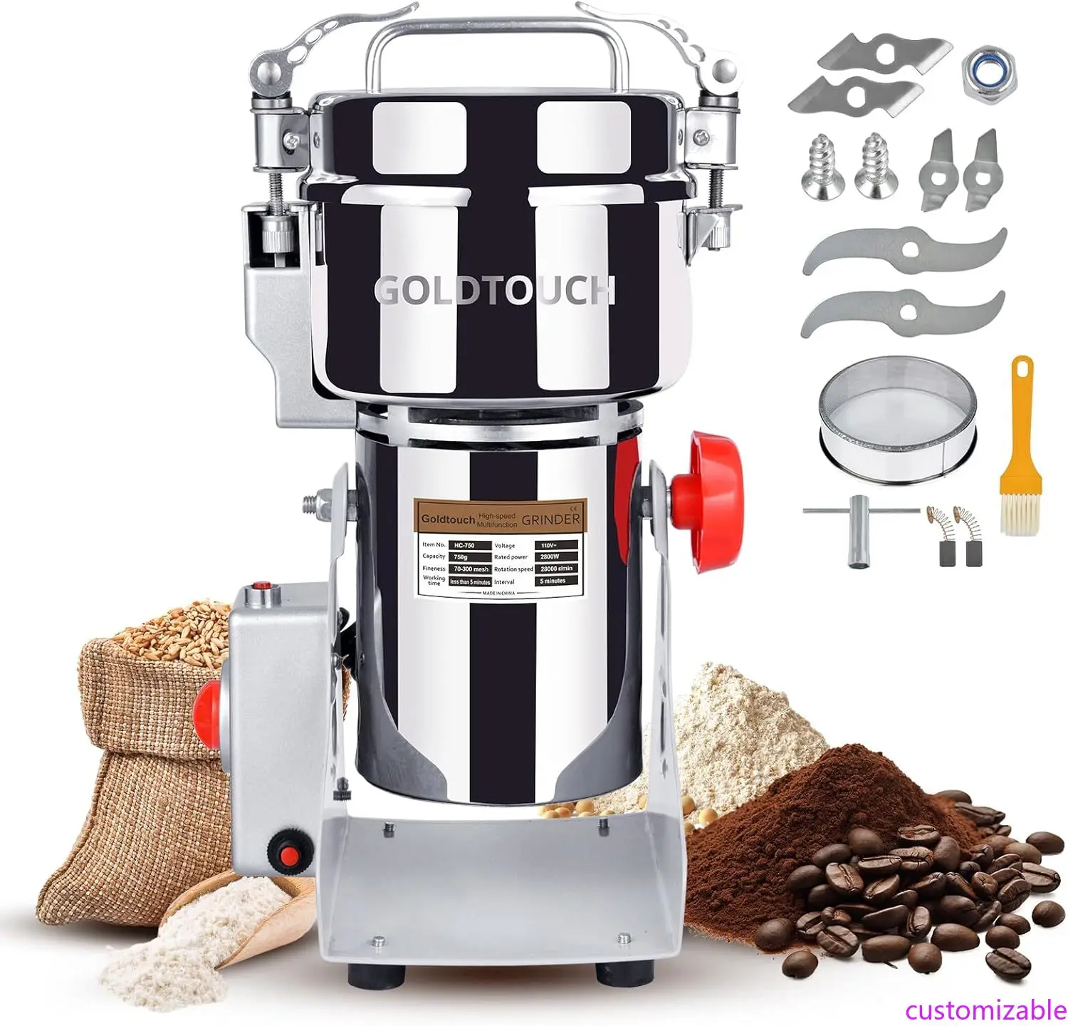 

750g High-Speed Electric Grain Mill Grinder, 2800W 110V Stainless Steel Flour Mill Makes Gluten Free Flours, Grain Mill