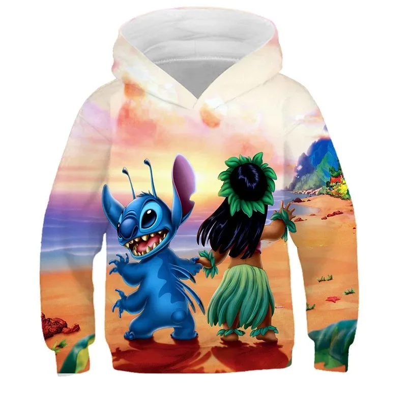 Disney Classic Anime Lilo & Stitch Autumn and Winter Hooded New Stitch Hoodies For Boys Girls Kids Hoodies Children Cotton Tops