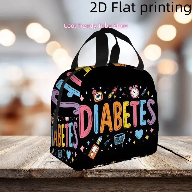 1pc, Vibrant "DIABETES" Text with Colorful Medical Icons on a Black Background Printed Insulated Cooler Bag - Reusable Portable view 4