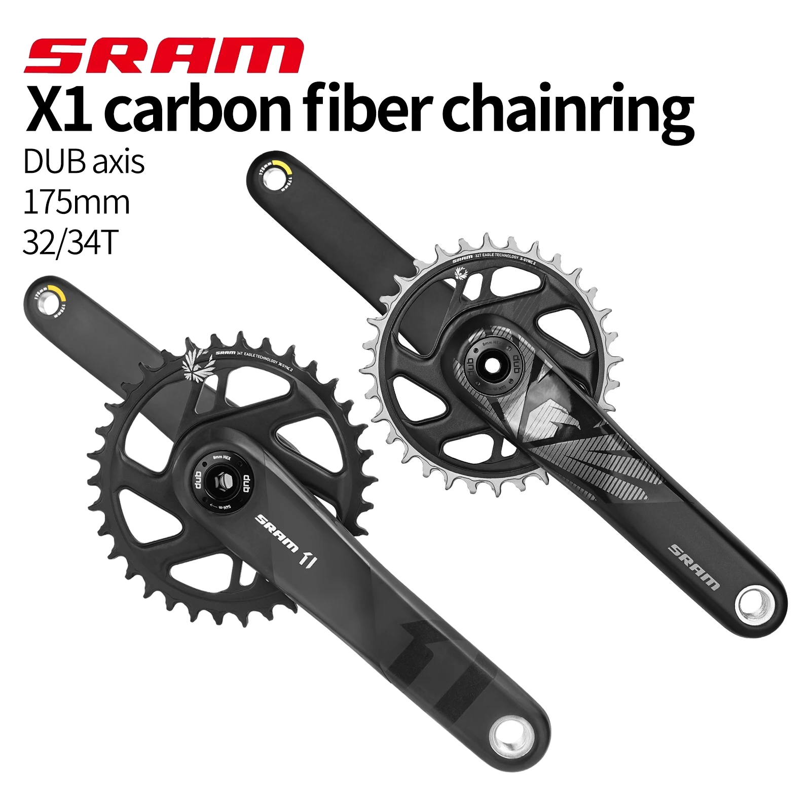 

SRAM X1-Carbon DUB Crankset Boost 175mm, 12-Speed,EAGLE 32T/34T, DUB Spindle, Boost 148mm, 52mm