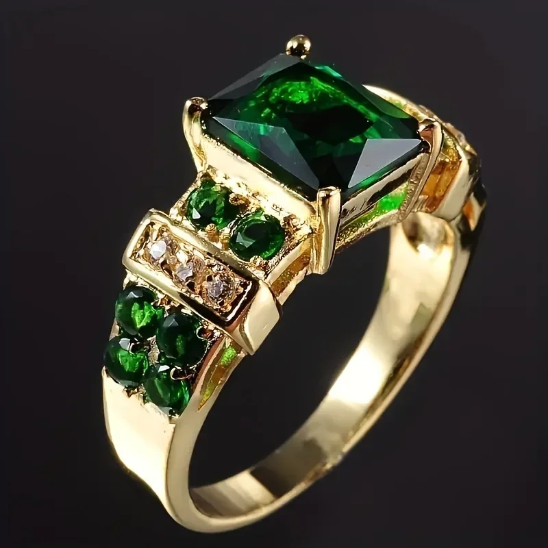 Exquisite Shining Geometric Green Crystal Zircon Ring for Women Charming Engagement Wedding Reception Party Jewelry Gifts