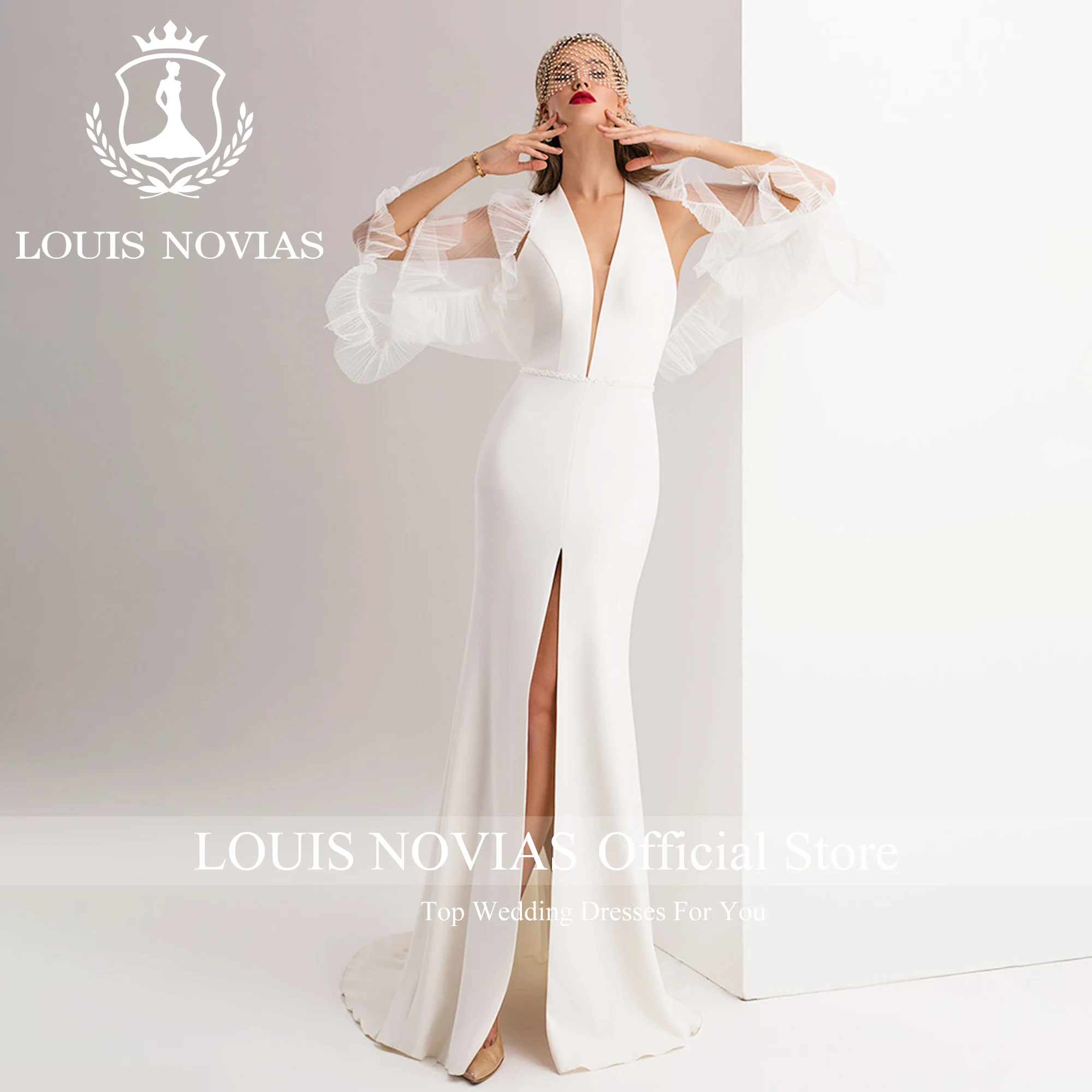 Louis novias ชุดแต่งงานนางเงือกพร้อมแจ็กเก็ตเซ็กซี่คอวีลึกถึงต้นขาแยกแปรงรถไฟทรัมเปตชุดเจ้าสาว Vestidos de Novia