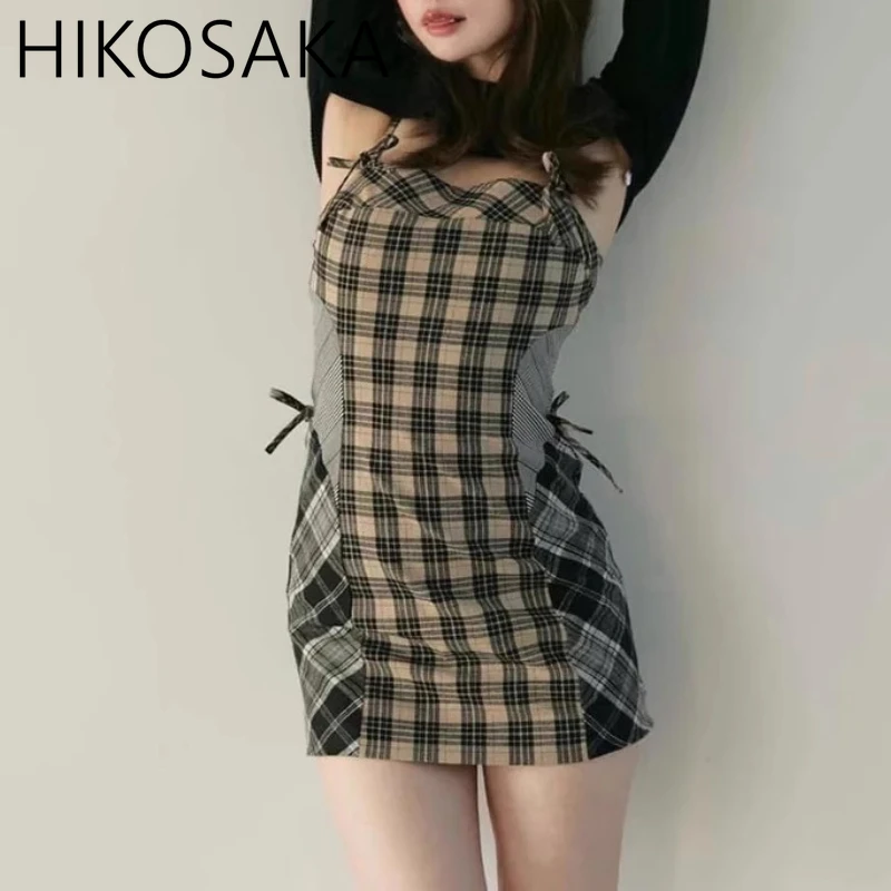 Japanese Vintage Plaid Patchwork Dress Suit Bow Slim Waist Package Hip Mini Robe Long Sleeve Pullovers 2025 Spring Chic Vestidos