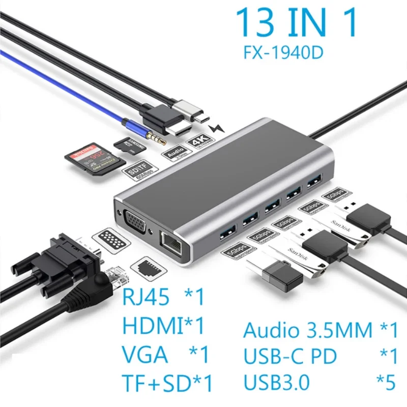 

14 в 1 USB C концентратор 4K HD Беспроводное зарядное устройство многопортовый адаптер с док-станцией PD Type-c VGA RJ45 TF SD кардридер для Macbook