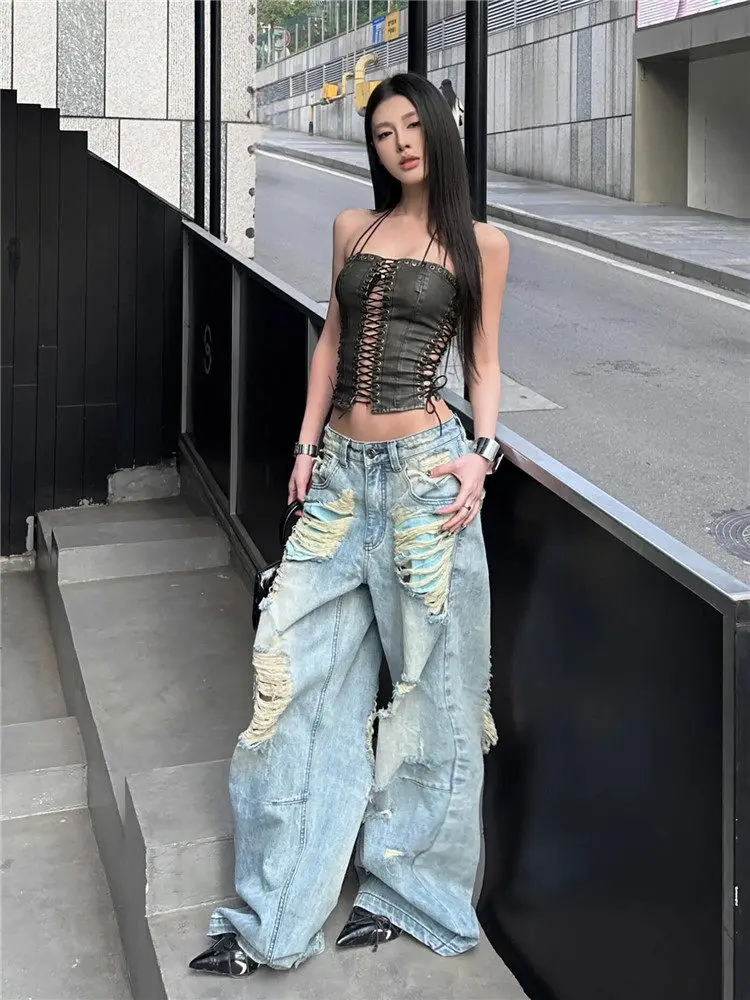 

Low Waist Wide Leg Jeans Men Women Spring Summer Loose Drapey High Rise Extended Length American Street Style Ripped Denim