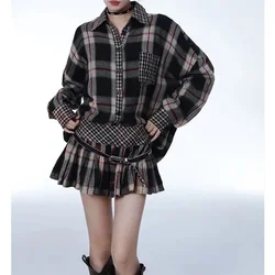 Women's Plaid Skirt Sets Y2k 90s Aesthetic A-Line Mini Skirts Long Sleeve Shirt Harajuku Vintage Two Piece Set Emo 2000s Clothes