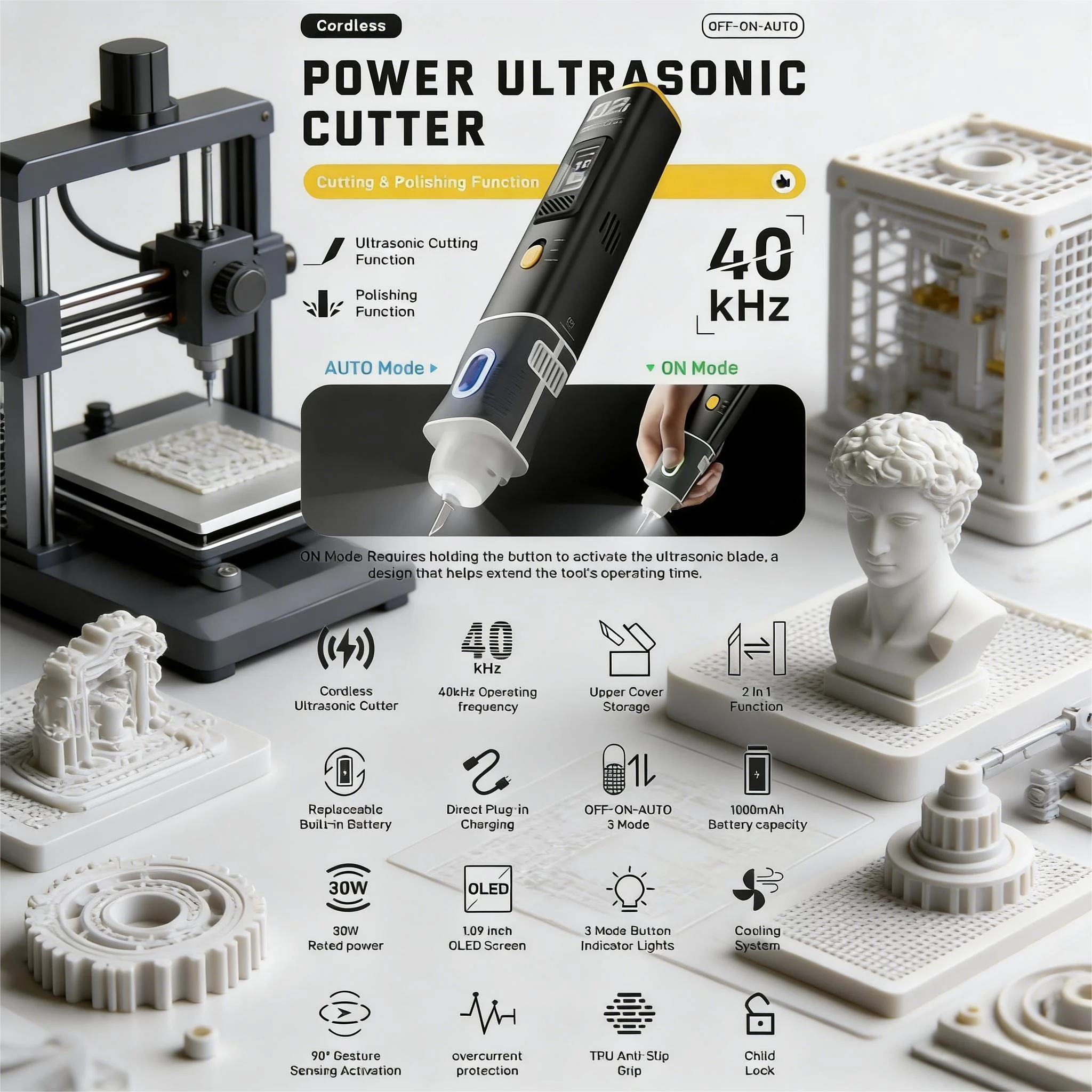 

JM-Y09 беспроводной, портативный, ручной ультразвуковой резак может разрезать модели с 3D-печатью, акрил, дерево и пластик 40 кГц 30 Вт Заменяет JM-Y10