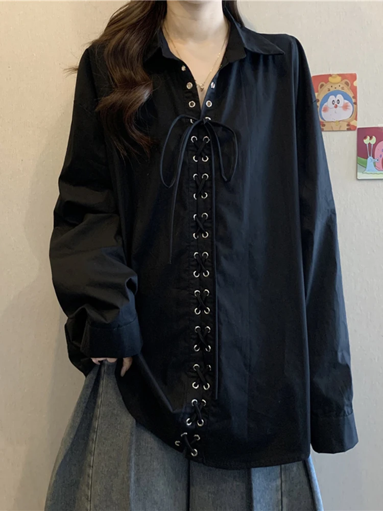 

White Collar Long Sve Women's irt Spring 2026 New plus Size Versatile Top Korean Sle Commute Wind Polyester Fiber