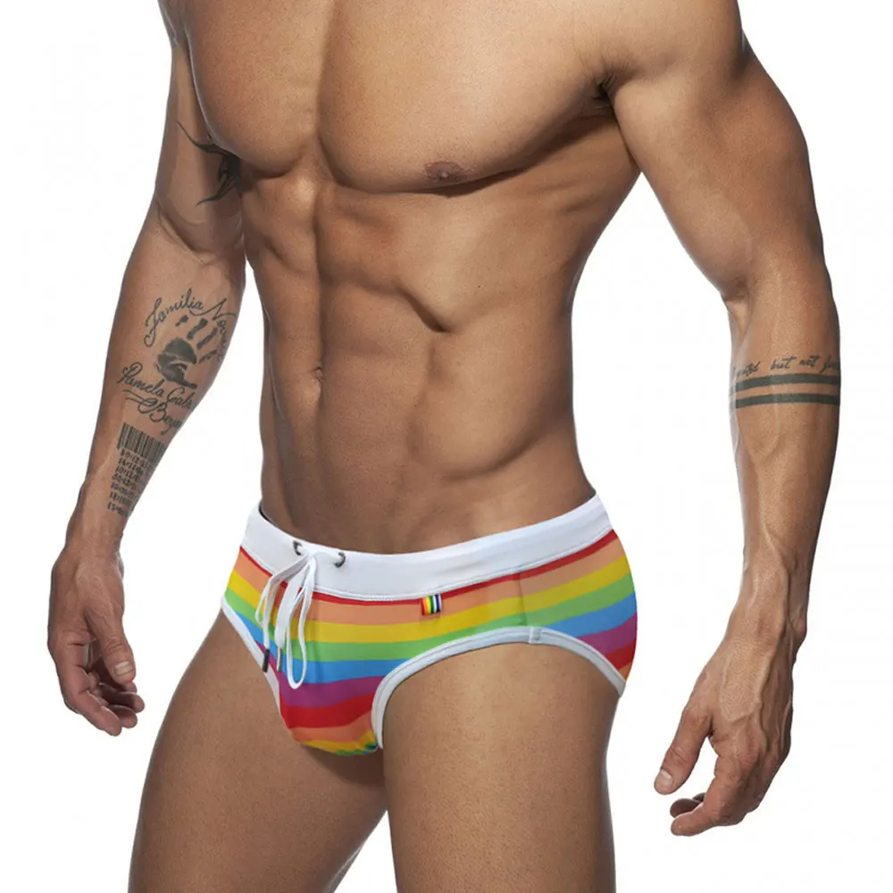 Men's White Swim Briefs Sexy Swimming Pride Day Strips Summer Sport Beach Pants Swimsuit Swimwear Male Bathing  Suilt Surfing