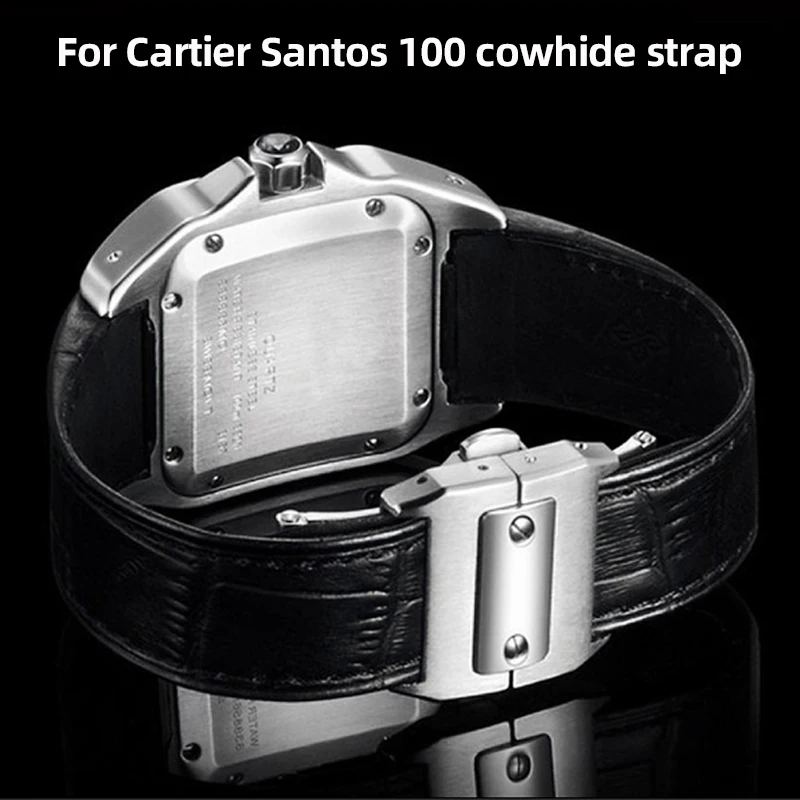 20 23mm Black brown cowhide watchstrap For Cartier santos 100 series men's women's leather watch band folding buckle accessories