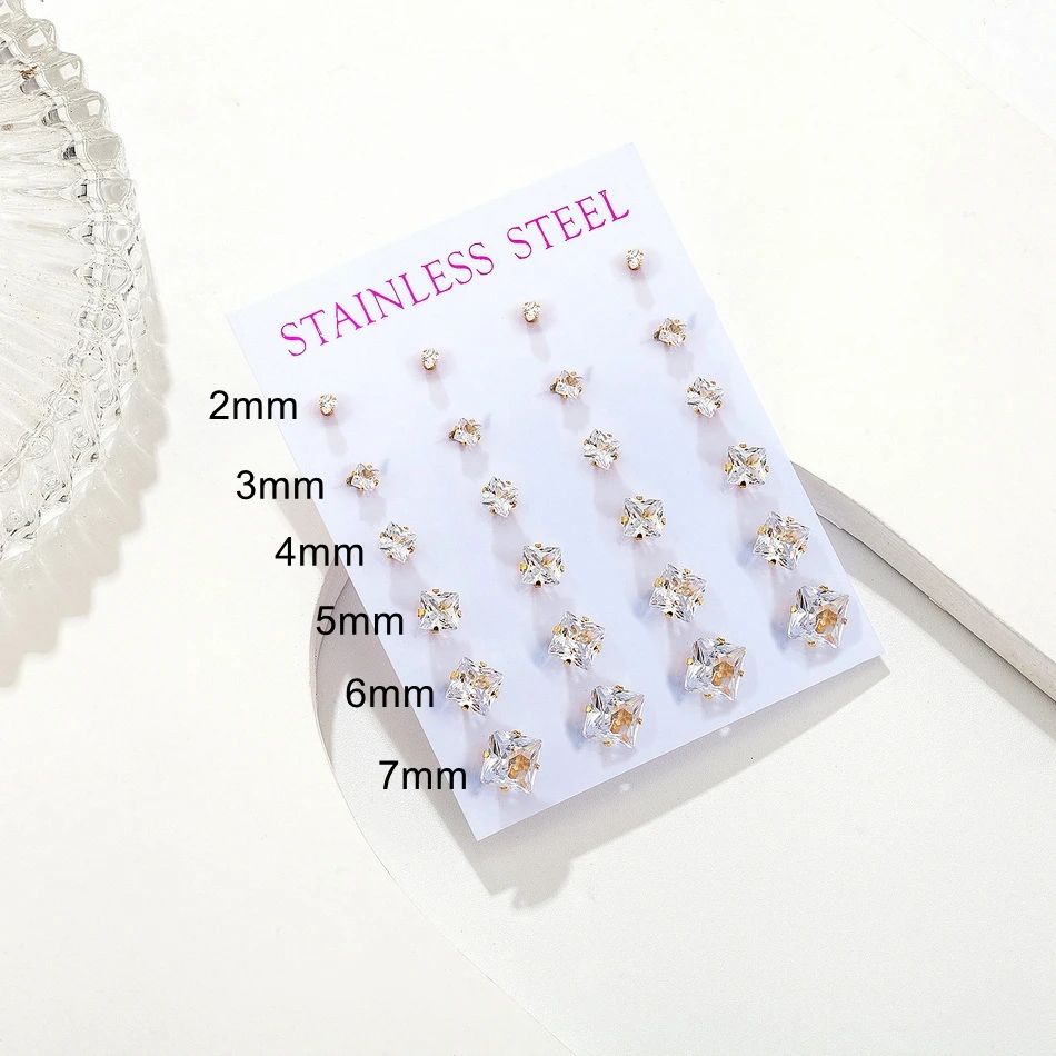 12 Pairs Lot 2-7mm White Crystal Stud Earrings Set Round Square Zircons Golden Stainless Steel Ear Piercing Jewelry Accessories