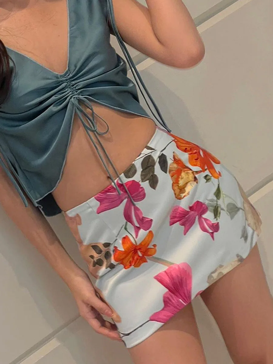 FUFUCAILLM-Mini saia feminina com estampa floral, saia curta para festas de praia e feriados, verão