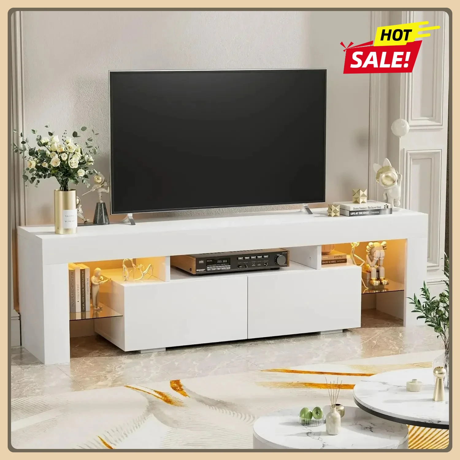 

Modern LED TV Stand for Televisions with Glass Shelves and Drawer, Gaming Entertainment Center up to 70 Inch