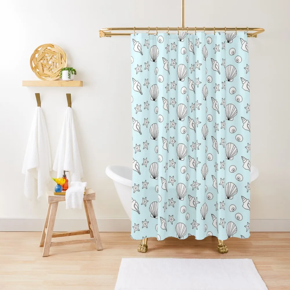 

White Cartoon Seashells and Starfish Pattern on a Light Blue Backdrop, made by EndlessEmporium Shower Curtain
