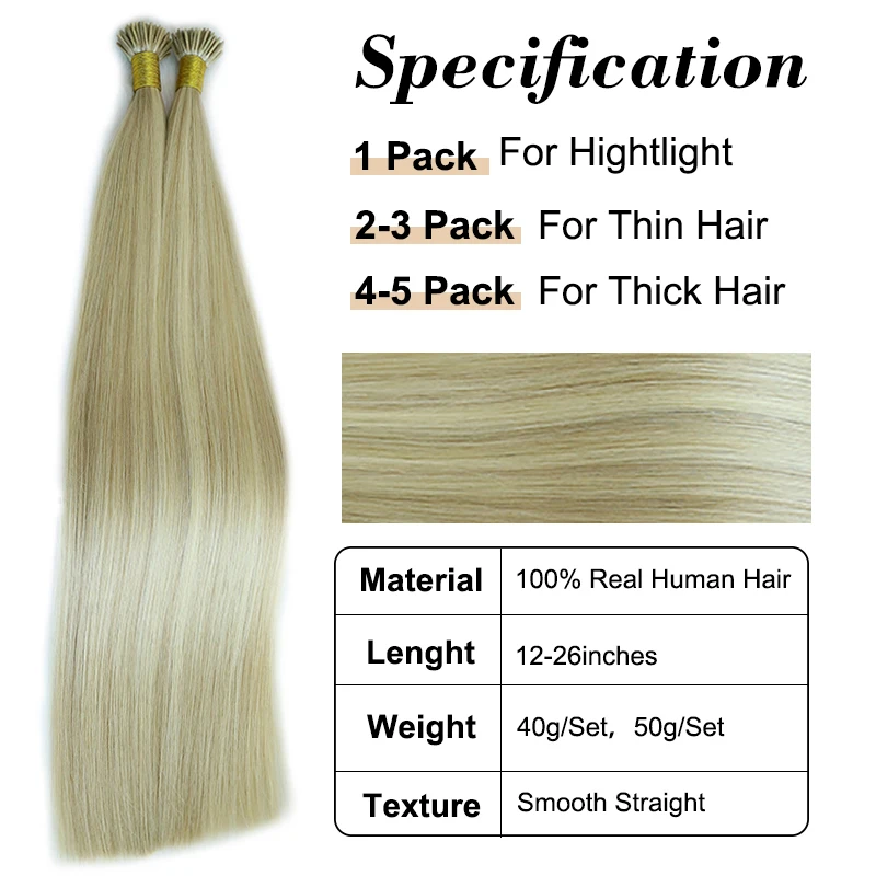 Straight I Tip Hair Extensions Real Human Fusion Hair Original Natural Hair For Capsule Extension 12-26inch Multicolor 40g/50g