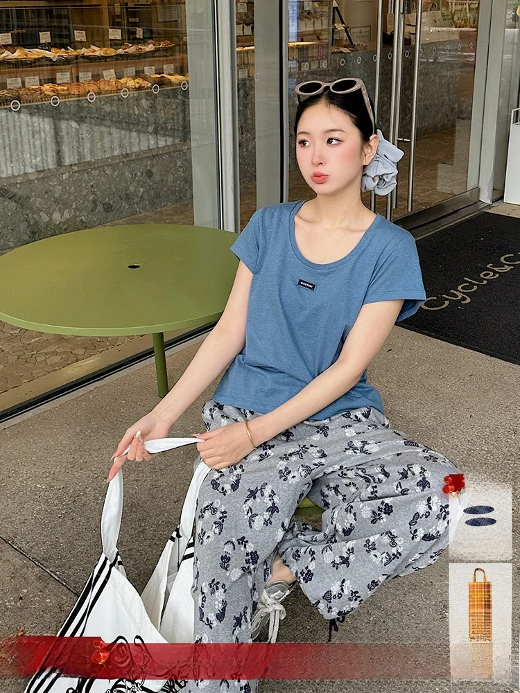 

Футболка с U-образным вырезом и текстурой, короткий рукав, весна-лето, хлопок, модал, влагоотводящая, приталенная, для повседневной носки, с принтом