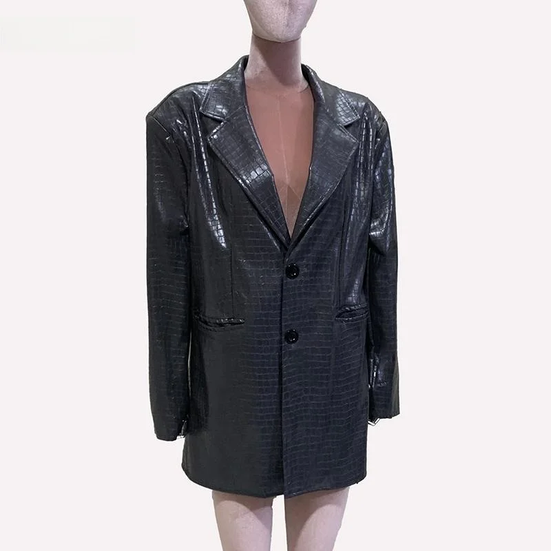 Stylish Korean Blue Leather Jacket Women's Shoulder Pad Loose Fit Shiny Alligator Pattern PU Leather Coat Suit Outerwear