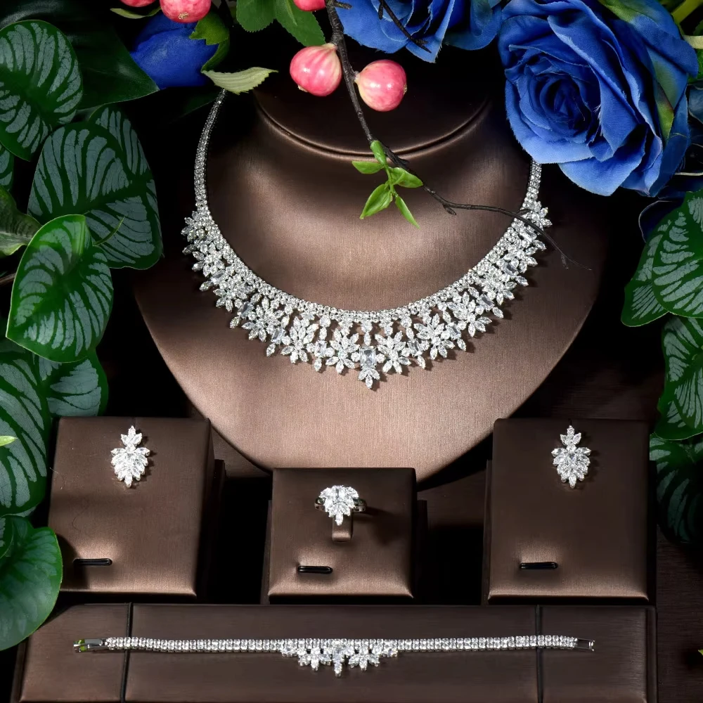 HIBRIDE Luxury AAA Cubic Zirconia Necklace And Earring Sets  Flower Design Women Bridal Wedding  Jewelry Sets Drop Style N-100