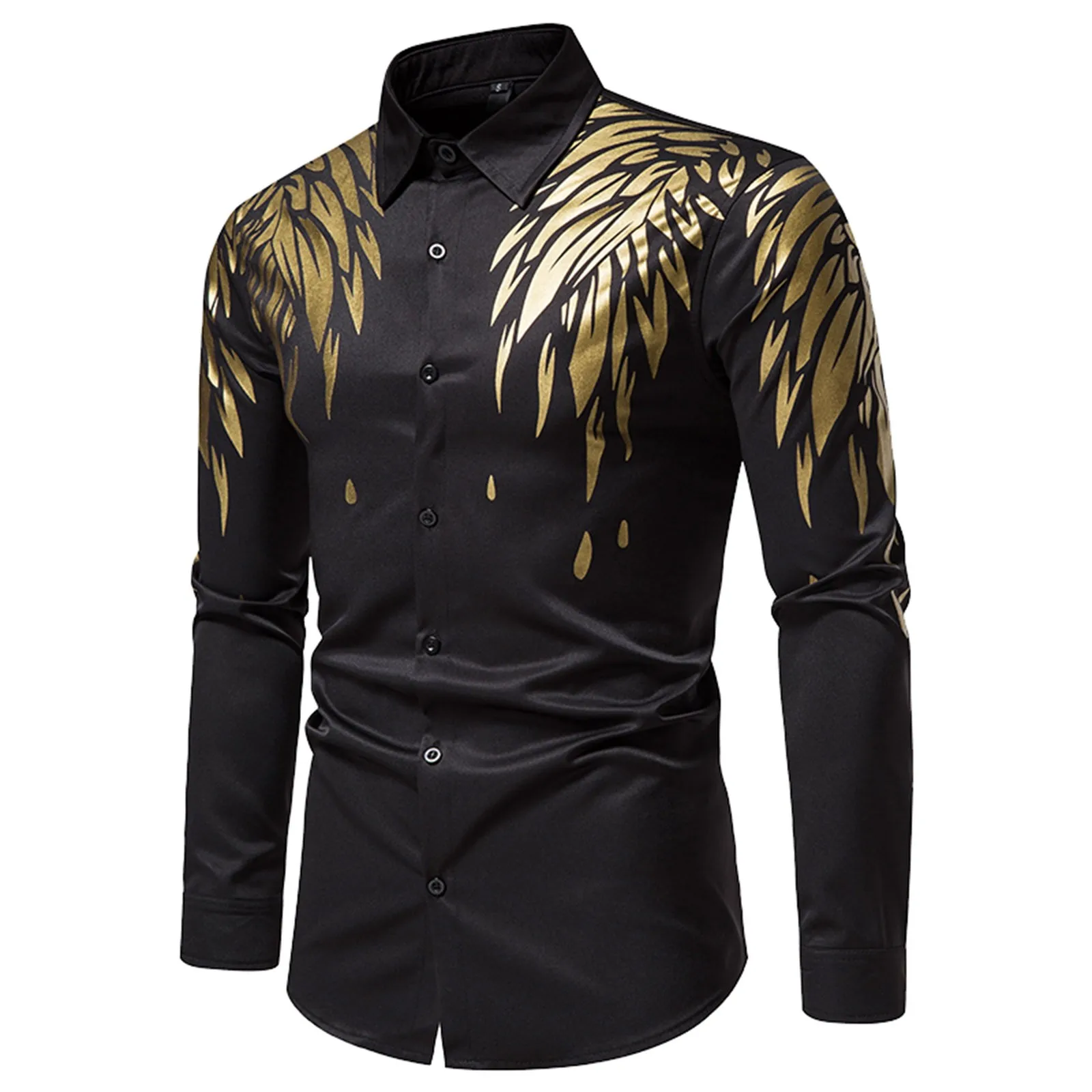 

Fashion Gold Wings Floral Print Shirt Men 2022 Brand Black Slim Fit Long Sleeve Mens Dress Shirts Business Casual Chemise Homme