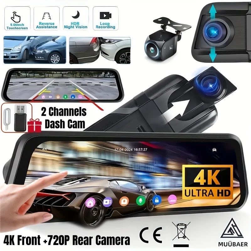 

Car Dash Camera, 10'' Rearview Mirror Camera Mirror Dash Cam, 4K Front And 720P Rear Backup Camera, Full Touch Screen,