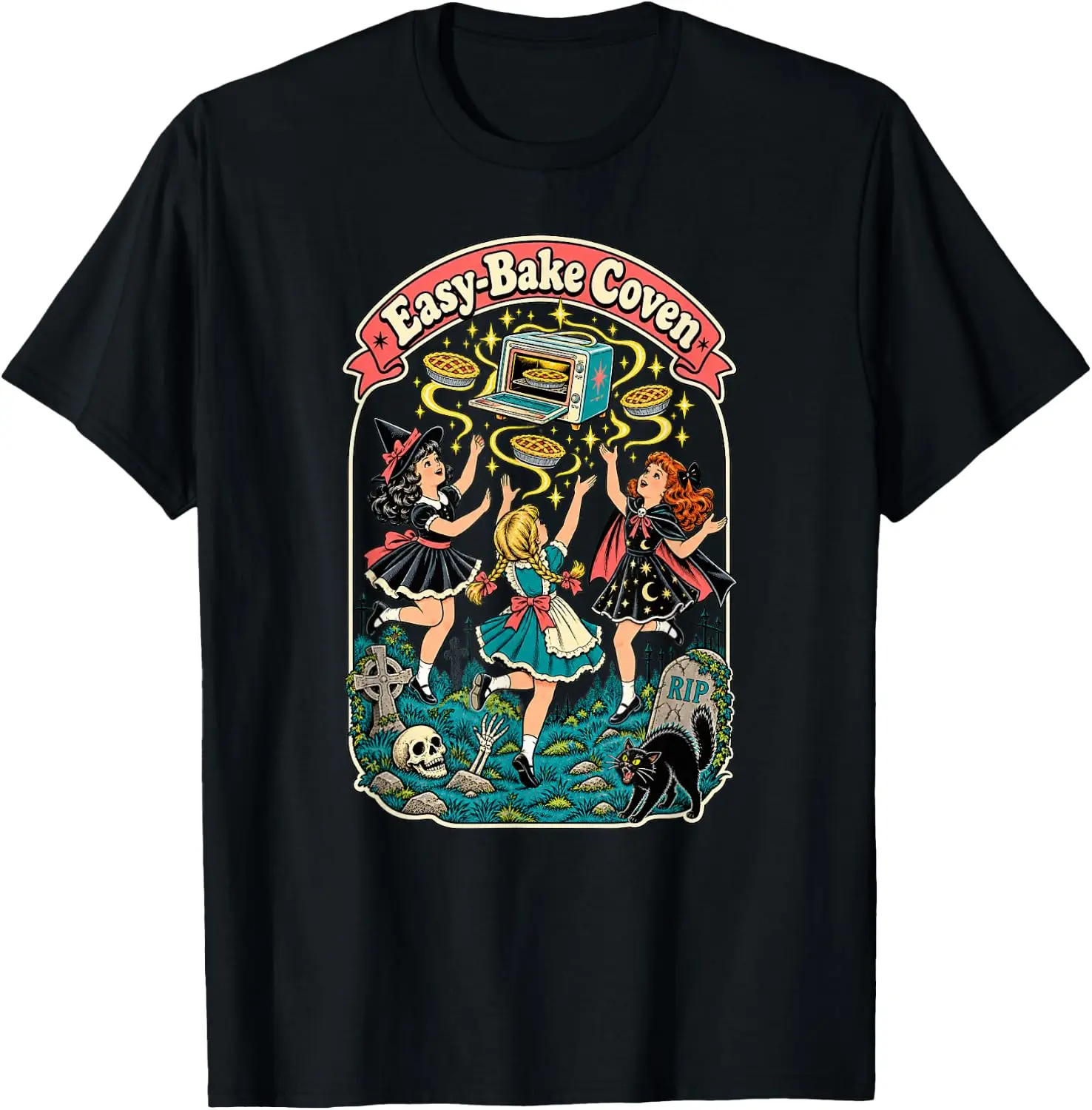 Easy-Bake Coven Retro Spooky Witch Girls Magic Baking T-Shirt Unisex Vintage Graphic Print T‑Shirt Retro Aesthetic Crew Neck Short Sleeve Soft Cotton Tee Casual Streetwear Tops Men.Unisex Holiday Festive Graphic Tee Party