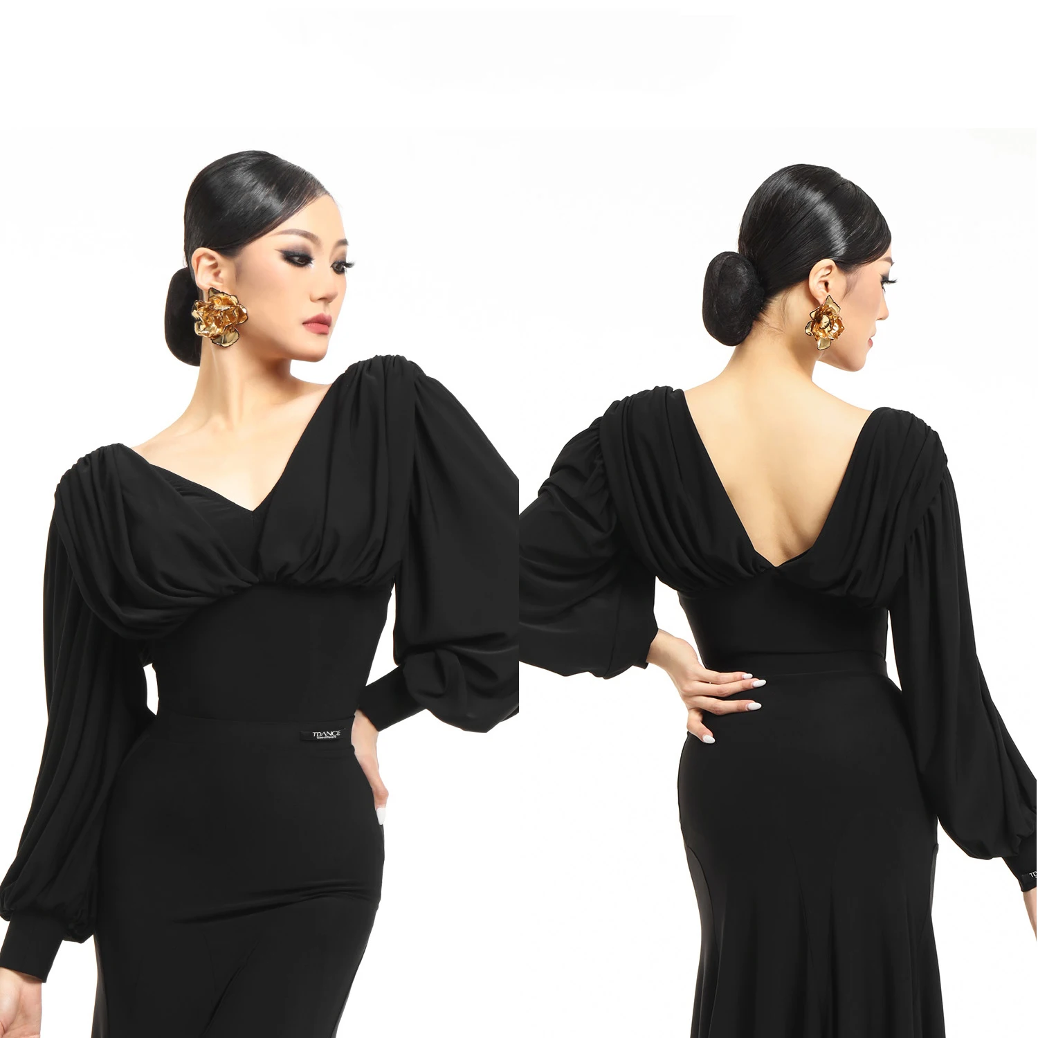 Latin Dans Kleding Vrouwen Ballroom Dansvoorstelling Tops V-hals Lantaarn Mouwen Zwart Tops Rumba Salsa Dans Kleding BL16829