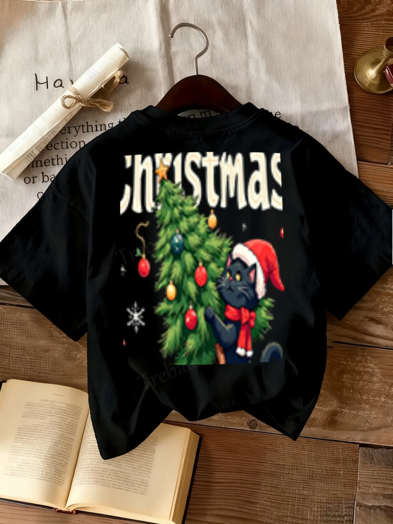 

Women T-shirt Christmas Cat Santa T-Shirt Women's Festive Holiday Tee